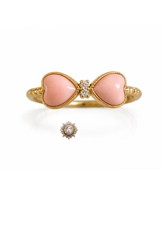 Pink Conch Shell and Zircon Bow Adjustable 18 Carat Gold 925 Sterling Silver Ring