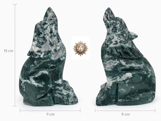 Moss Agate Howling Wolf Carving – Natural Crystal Sculpture