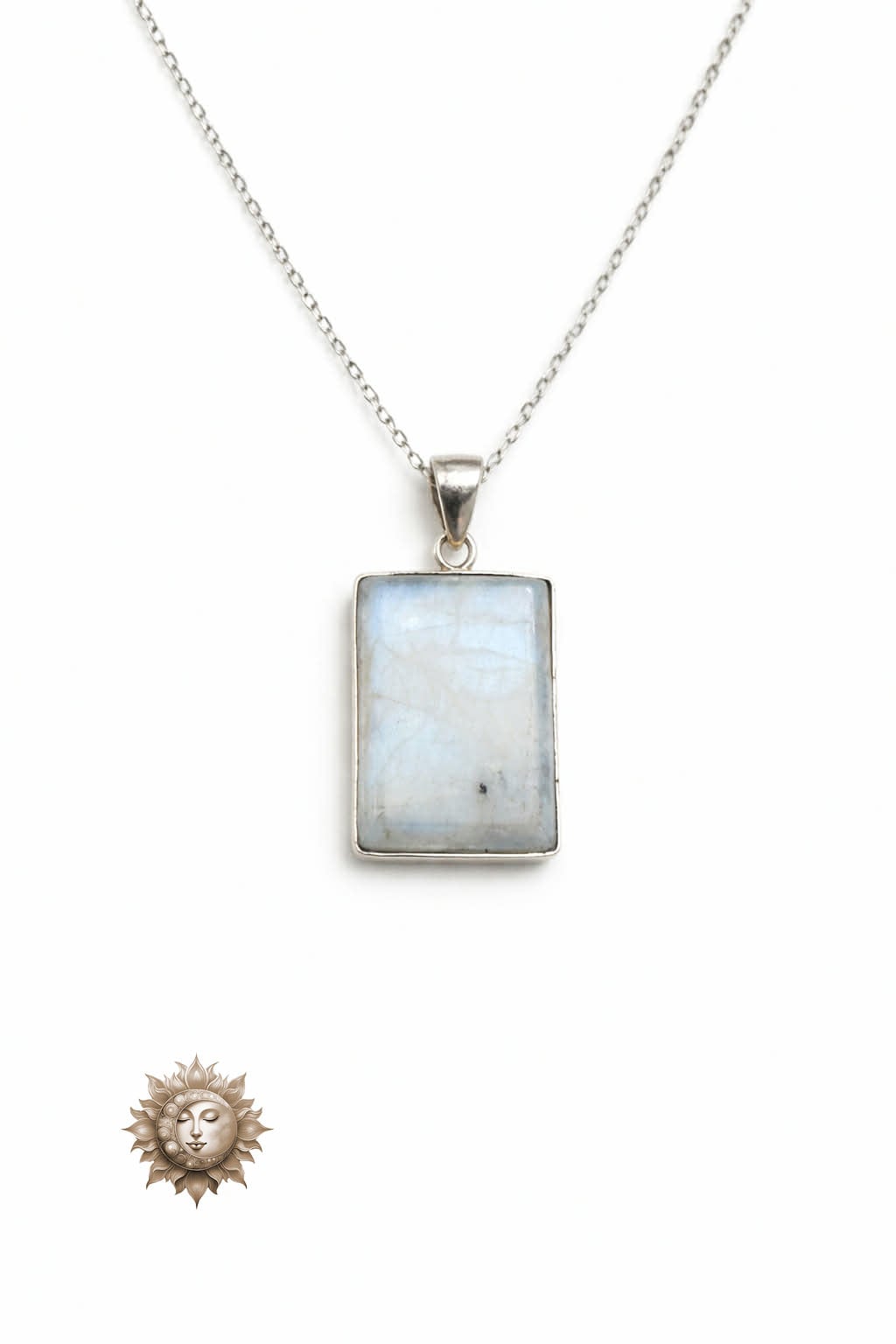 Rainbow Moonstone Rectangular Pendant and Chain 925 Sterling Silver