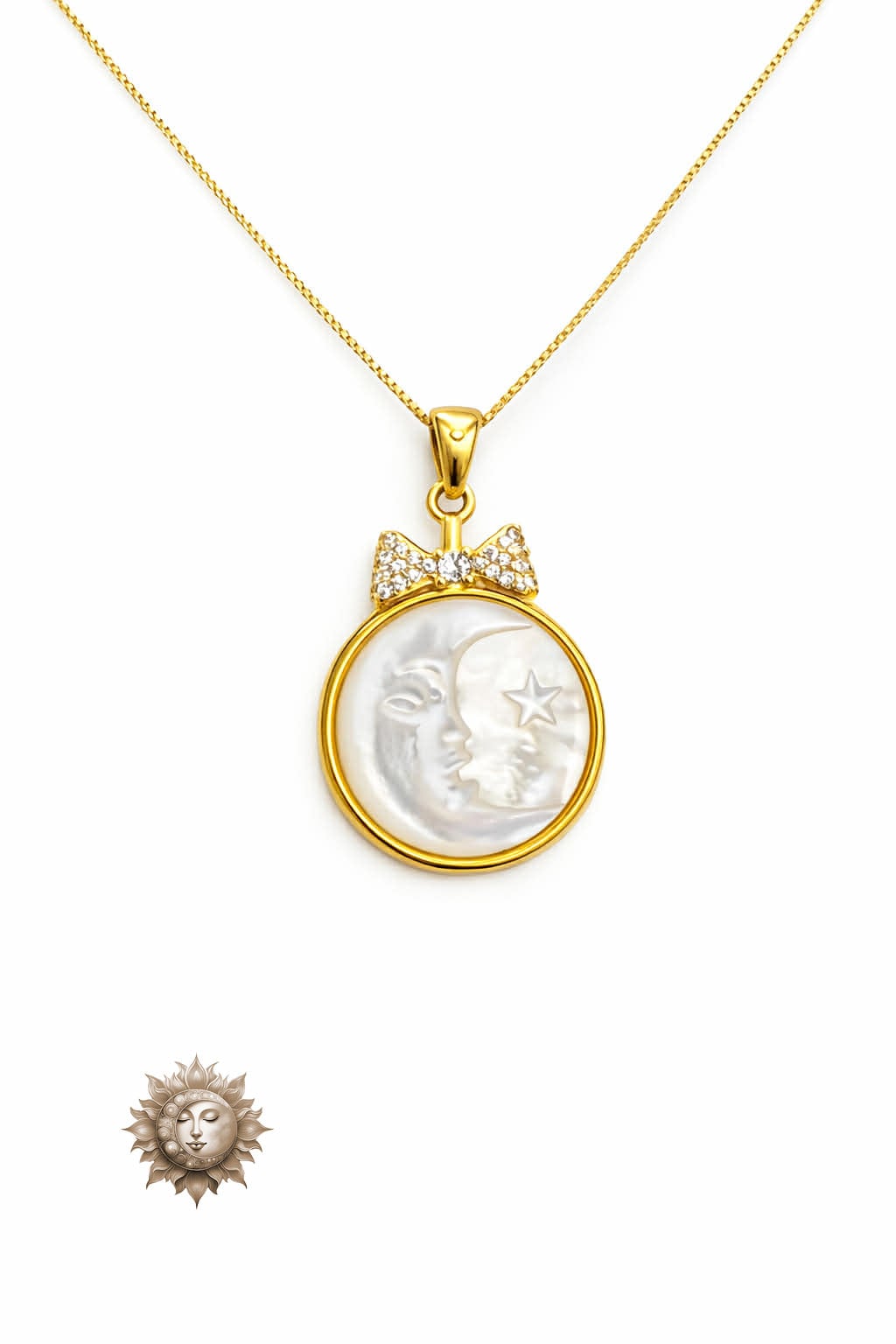 Shell Stone Moon Carved 18 Carat Gold Plated Sterling Silver Pendant and Chain
