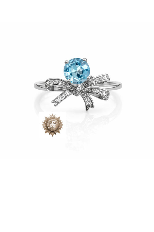 Blue Topaz and Zircon Bow Ring Adjustable 925 Sterling Silver
