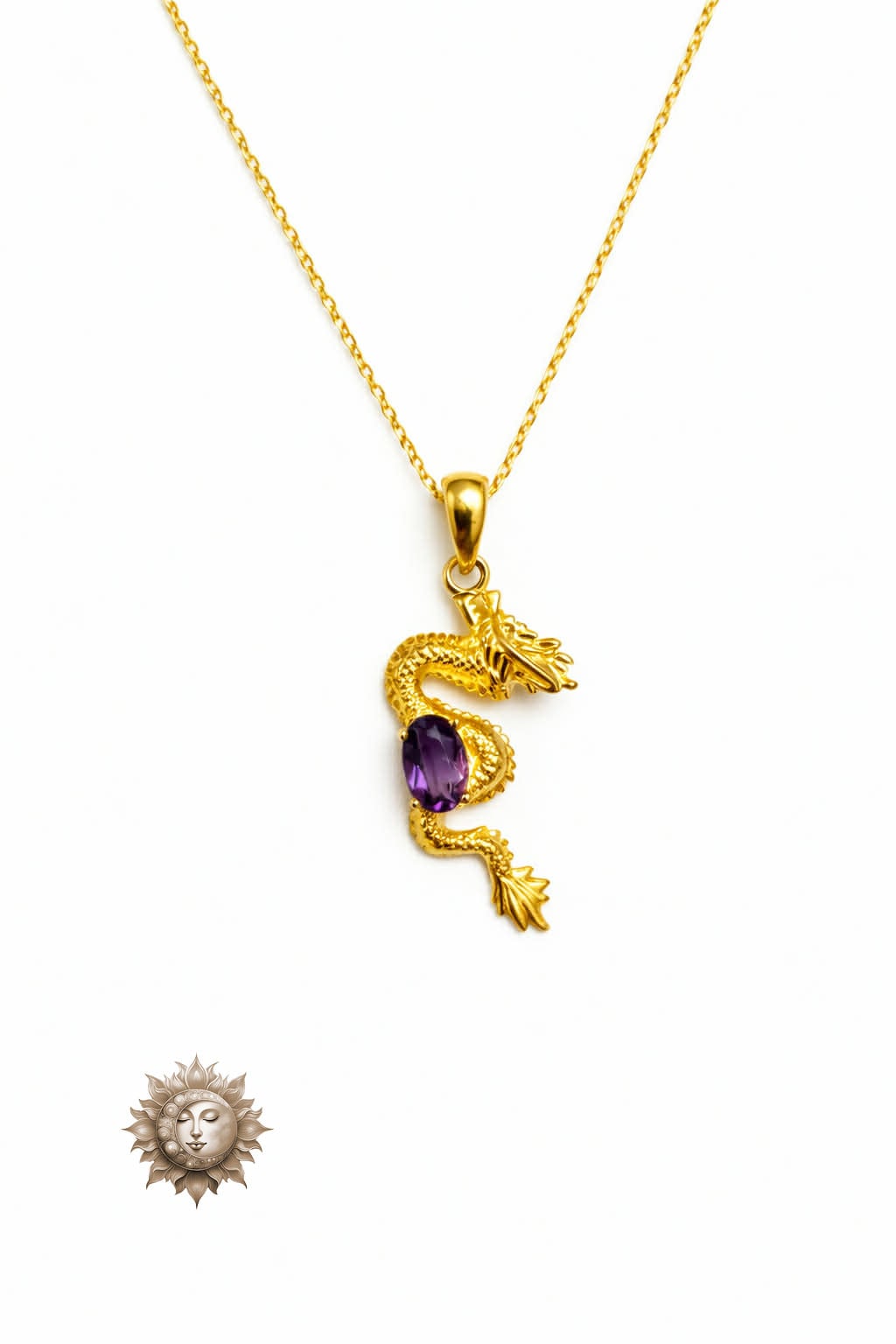 Amethyst Dragon Pendant and Chain 18 Carat Gold Plated 925 Sterling Silver