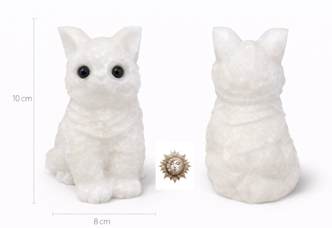 White Jade Cat Carving – Natural Jade Crystal Cat Figurine Décor