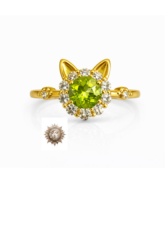 Peridot and Zircon Cat Head Adjustable 18 Carat Gold Plated 925 Sterling Silver Ring