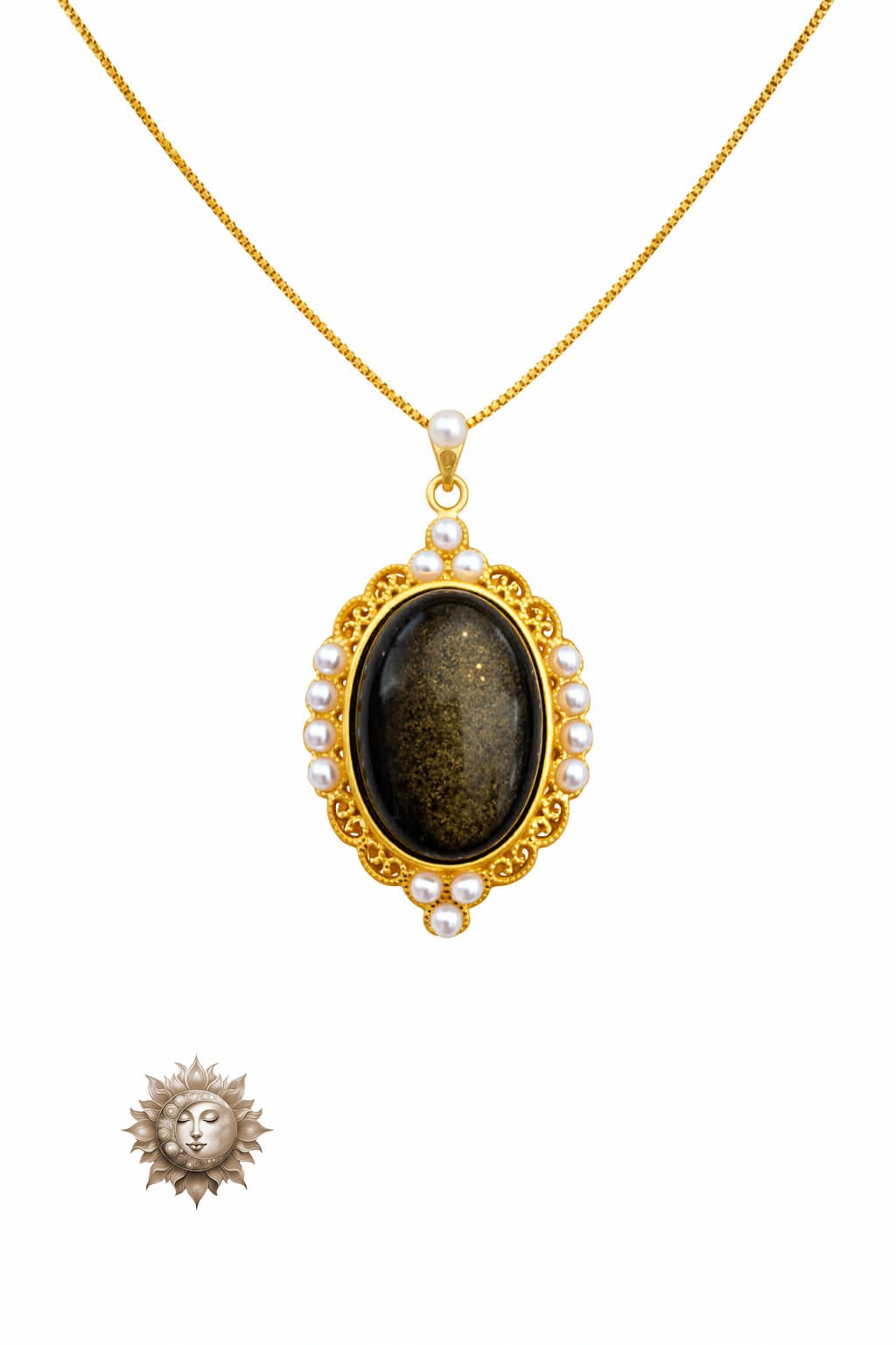 Vintage Style Hypersthene and Pearl Pendant and Chain 18 Carat Gold Plated 925 Sterling Silver