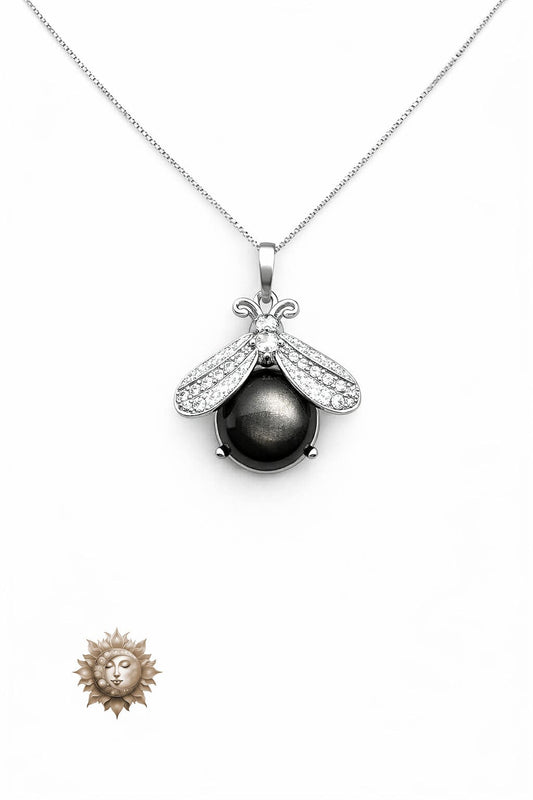 Silver Sheen Obsidian Bee Pendant and Necklace 925 Sterling Silver