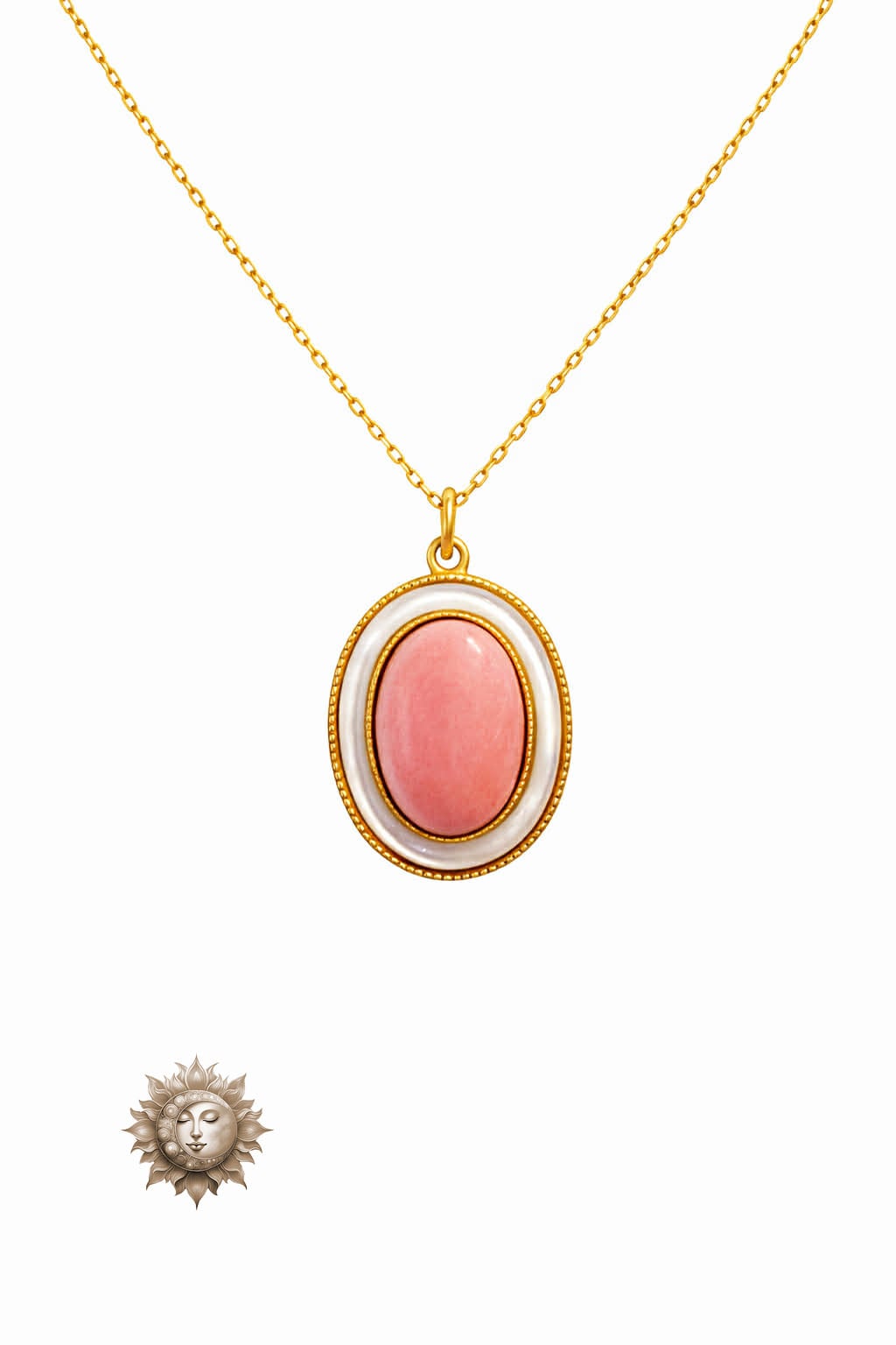 Oval Pink Conch Shell Stone Pendant and Chain 18 Carat Gold Plated 925 Sterling Silver