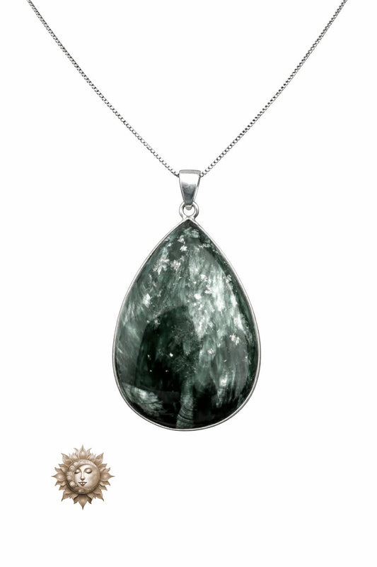Statement Seraphinite Tear Drop Pendant and Chain 925 Sterling Silver