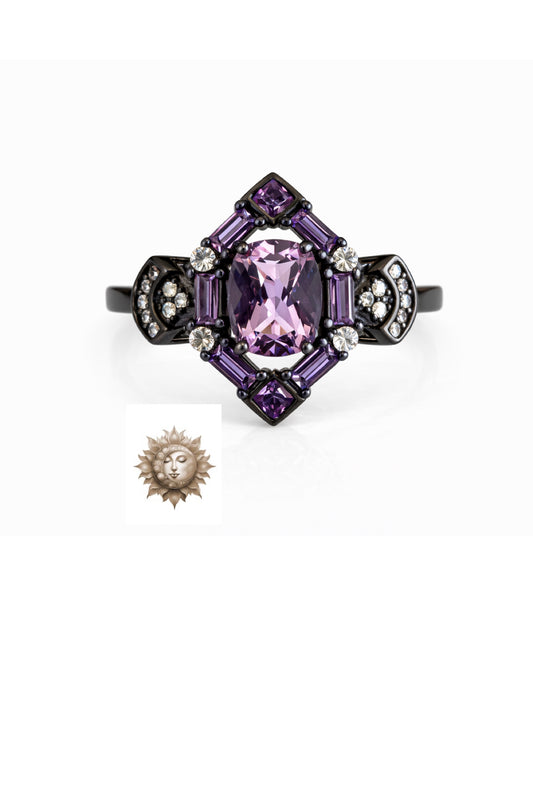 Amethyst and Moissanite Adjustable Oxidized 925 Sterling Silver Ring