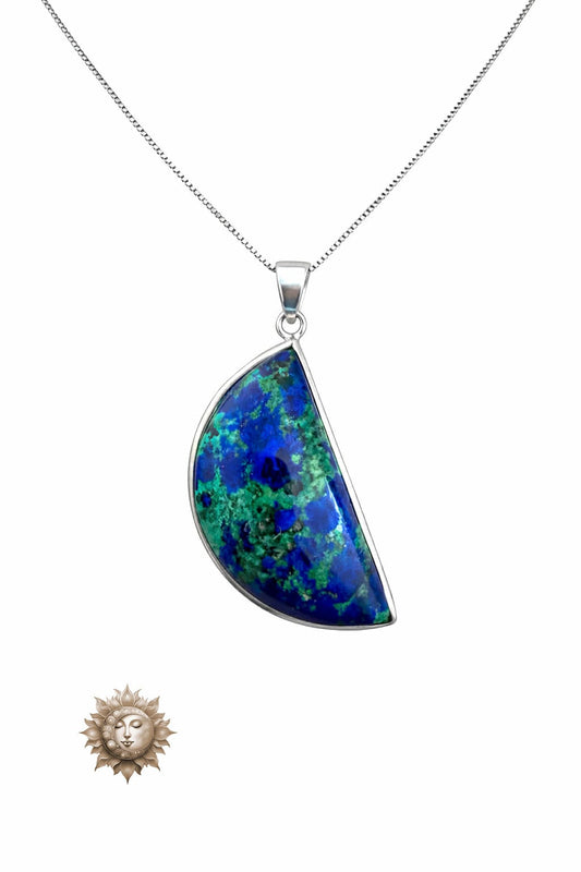 Azurite Moon Pendant and Necklace 925 Sterling Silver