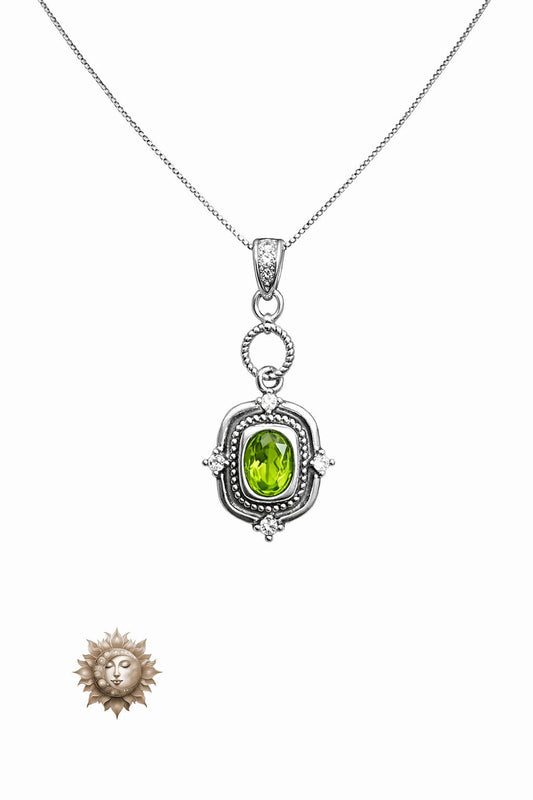 Antique Heirloom Style Peridot Pendant and Chain 925 Sterling Silver