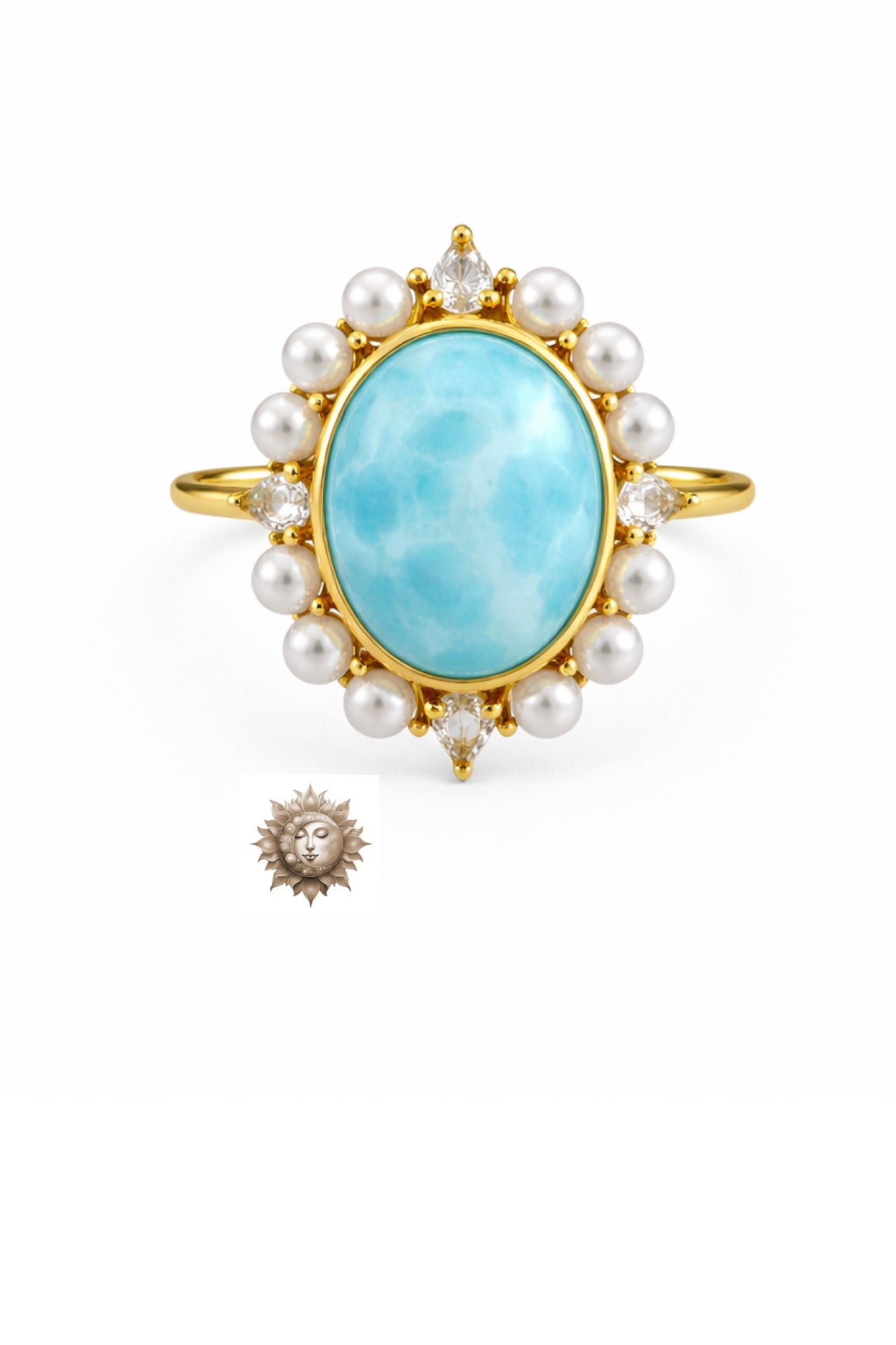 Larimar Pearl and Moissanite 18 Carat Gold Plated 925 Sterling Silver Ring