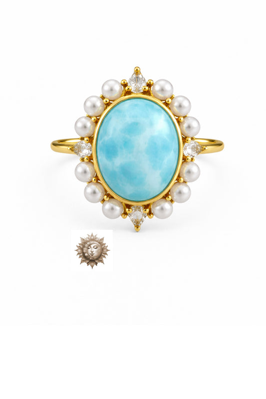Larimar Pearl and Moissanite 18 Carat Gold Plated 925 Sterling Silver Ring