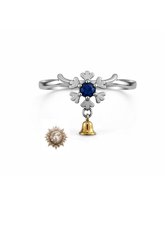 Adjustable Blue Sapphire 925 Sterling Silver Ring with 18K Gold Plated Bell Charm