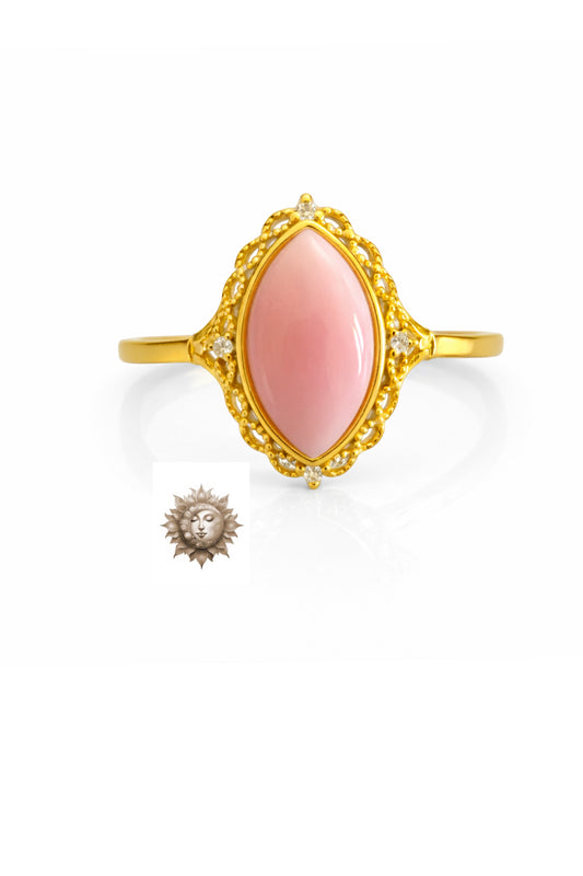 Pink Conch Shell and Zircon Marquis Adjustable 18 Carat Cold Plated 925 Sterling Silver Ring