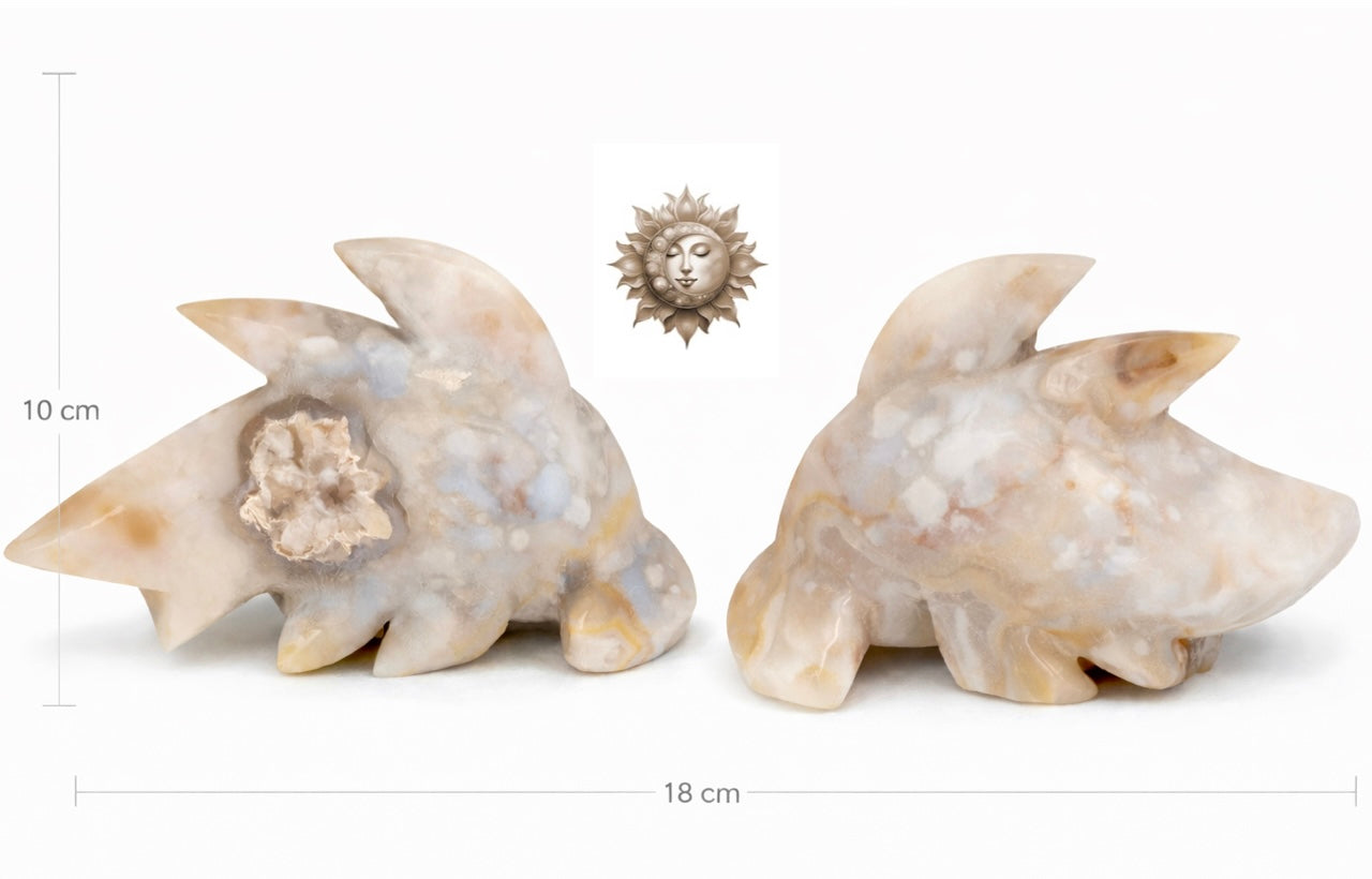 Flower Agate Hammerhead Shark Carving – UV Reactive Natural Crystal Sculpture