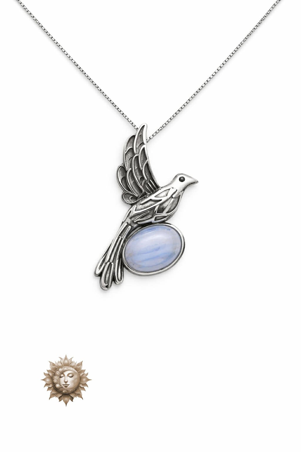 Blue Lace Agate Stone on Bird Setting 925 Stirling Siver Pendant and Chain