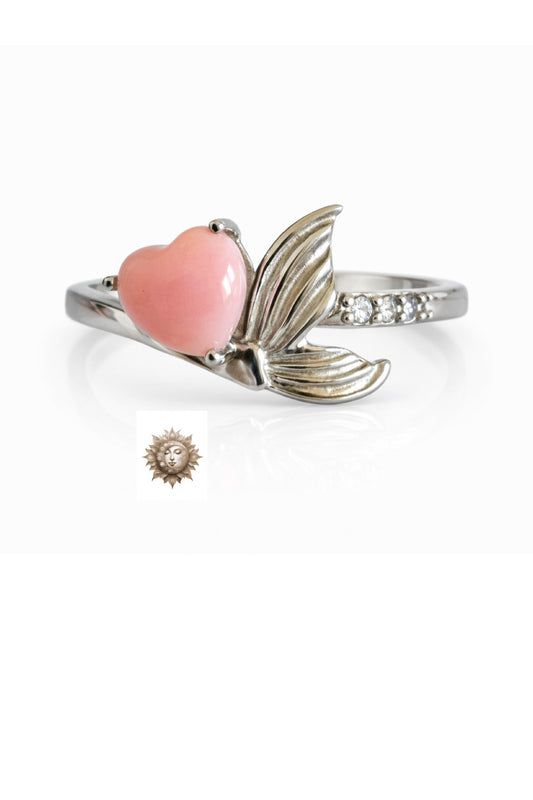 Heart Shape Pink Conch Shell Stone and Zircon Mermaid Tail Adjustable 925 Sterling Silver Ring