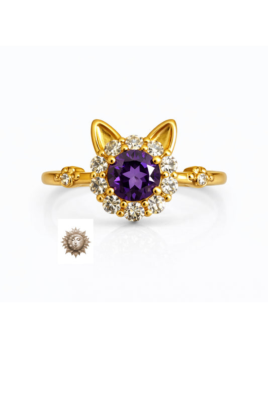 Amethyst and Zircon Cat Head Motif Adjustable 18 Carat Gold Plated 925 Sterling Silver Ring
