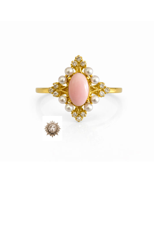 Pink Conch Shell Pearl and Zircon Adjustable 18 Carat Plated 925 Sterling Silver Ring