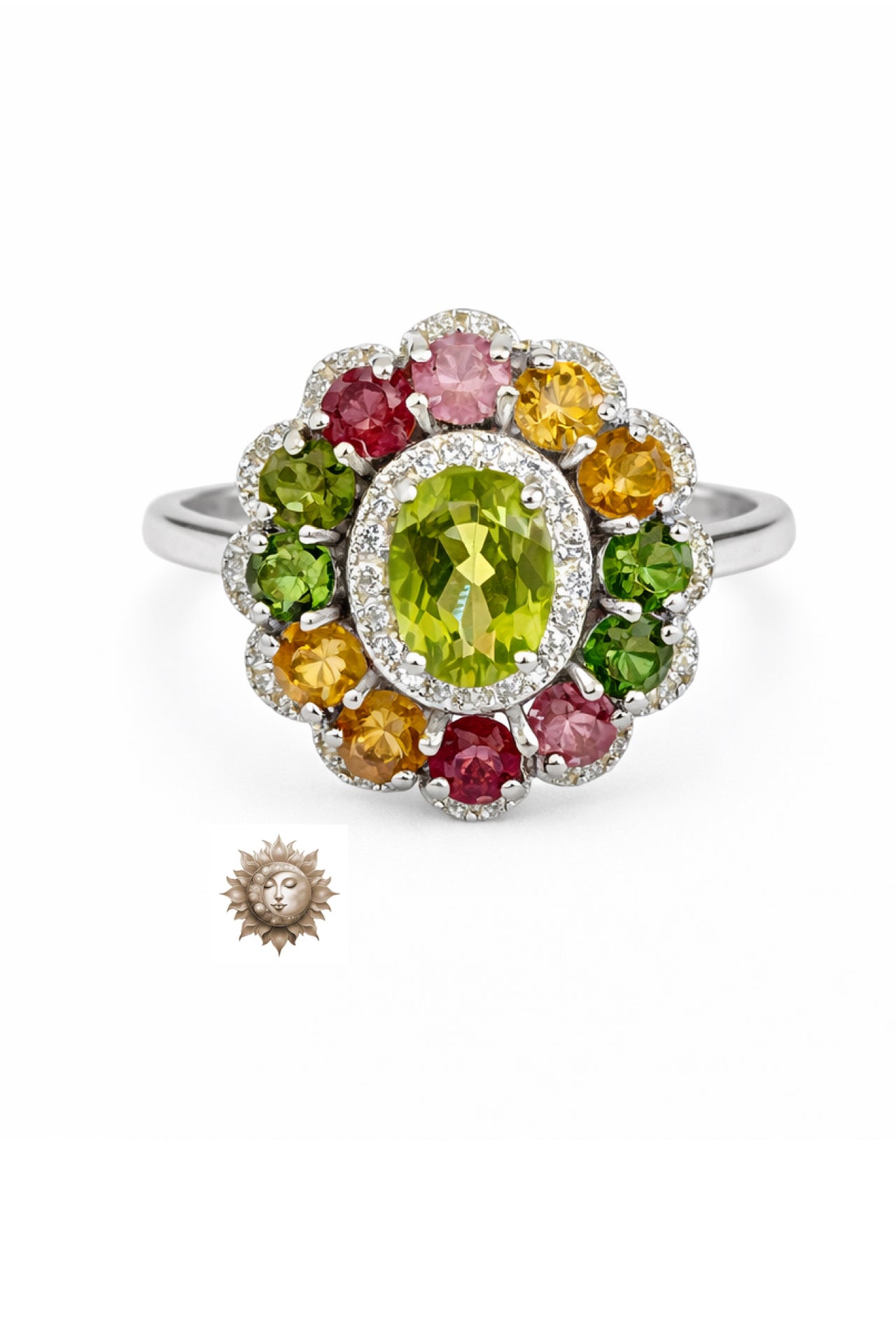 Statement Peridot and Colourful Tourmaline with Zircon 925 Sterling Silver Adjustable Ring