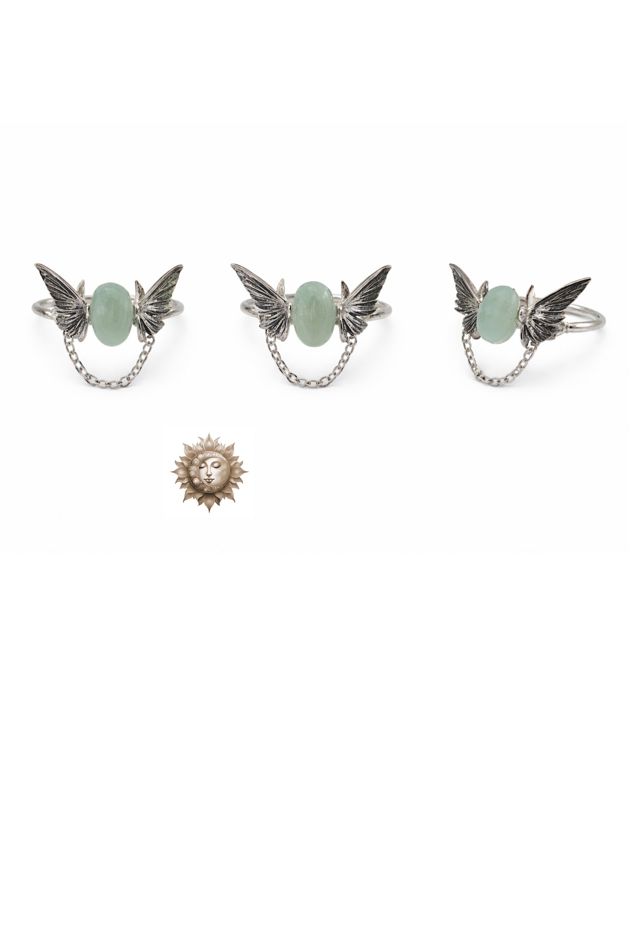 Agate Drop Chain 3D Butterfly Adjustable 925 Sterling Silver Ring with Titanium Brushing