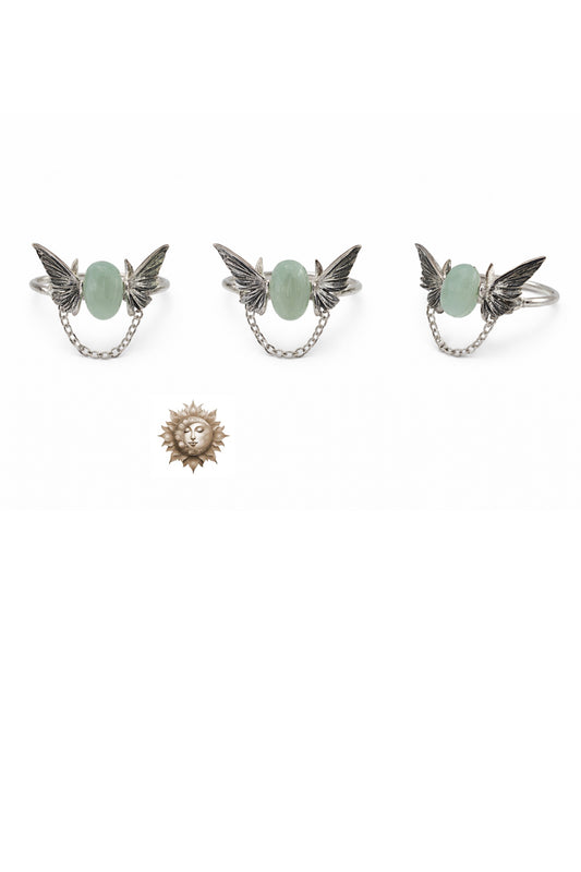 Agate Drop Chain 3D Butterfly Adjustable 925 Sterling Silver Ring with Titanium Brushing