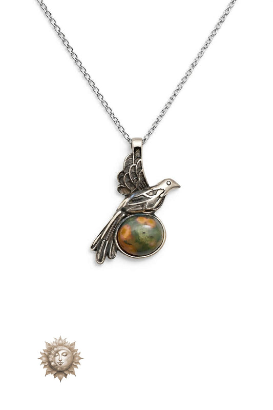 Ocean Jasper Bird 925 Sterling Silver Pendant and Chain