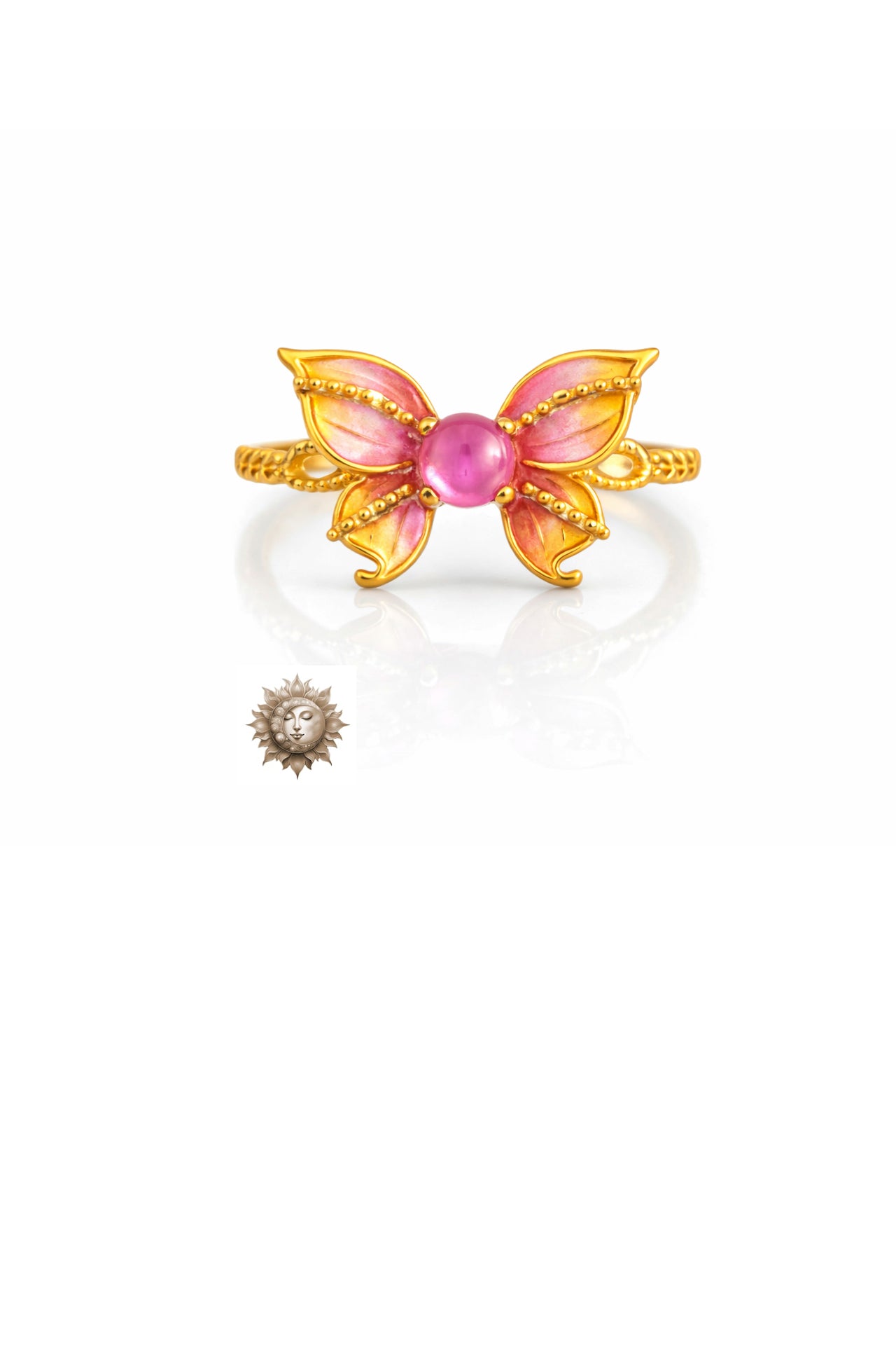 Unique Pink Topaz Butterfly Adjustable 18 Carat Gold Plated 925 Sterling Silver Ring