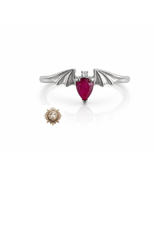 Ruby Stone Bat 925 Sterling Silver Adjustable Ring UV Reactive