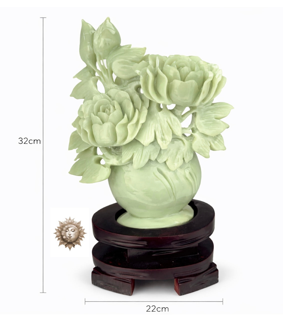 Green Jade Floral Vase Carving – Large Statement Jade Flower Sculpture with Wooden Stand