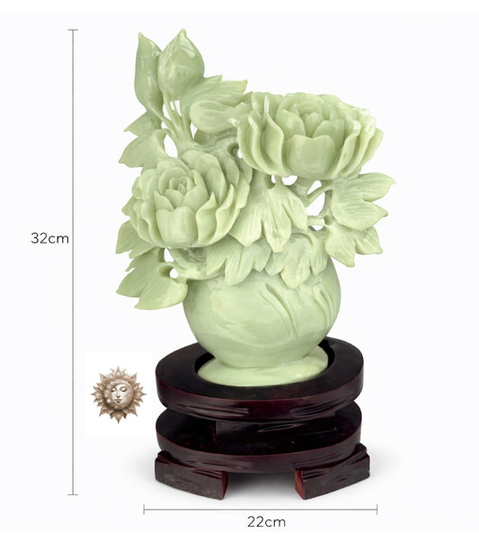 Green Jade Floral Vase Carving – Large Statement Jade Flower Sculpture with Wooden Stand