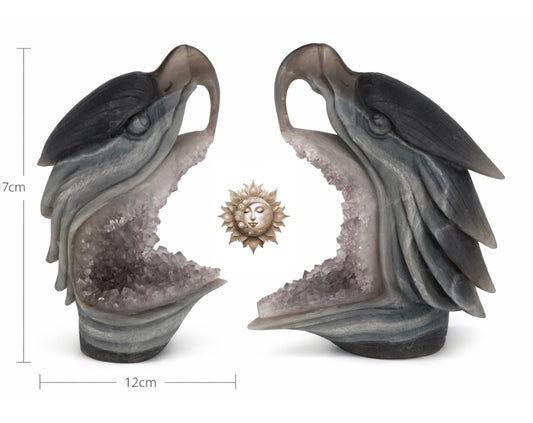 Hand Carved Eagle Head with Amethyst Druzy – Natural Crystal Geode Sculpture