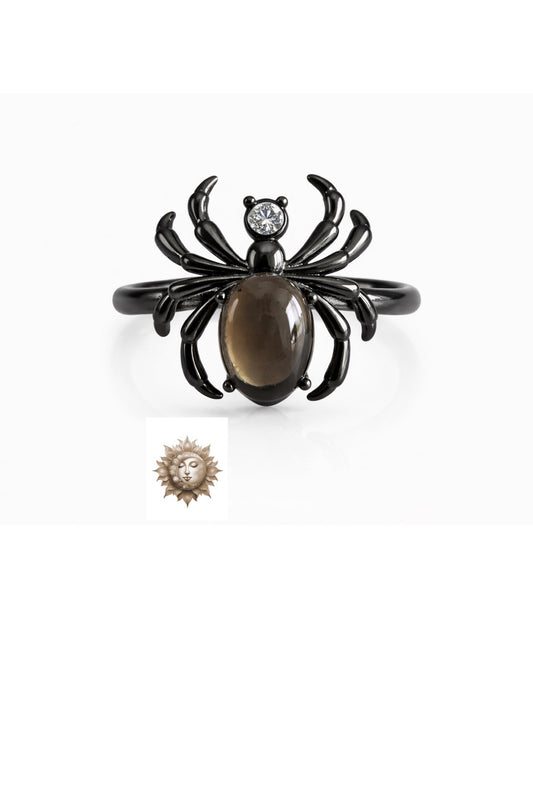 Smokey Quartz and Zircon Spider Adjustable Oxidized 925 Sterling Silver Ring