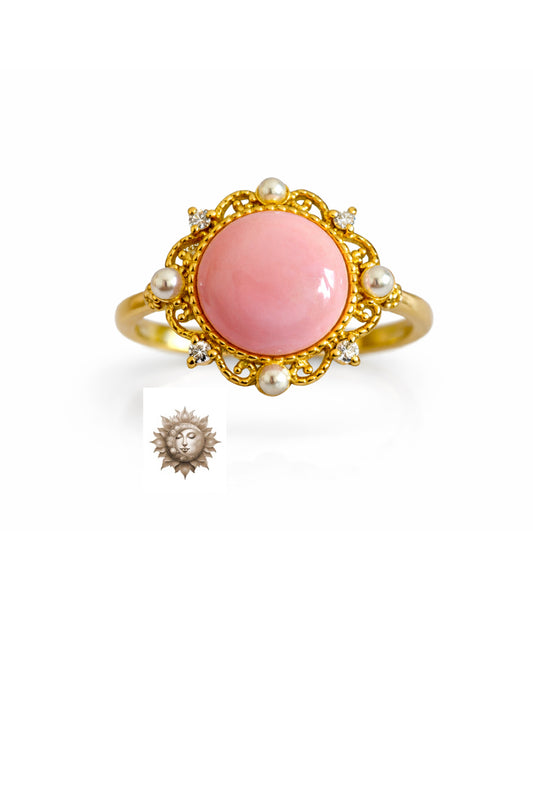 Round Pink Conch Shell Pearl and Moissanite 18 Carat Gold Plated 925 Sterling Silver Ring