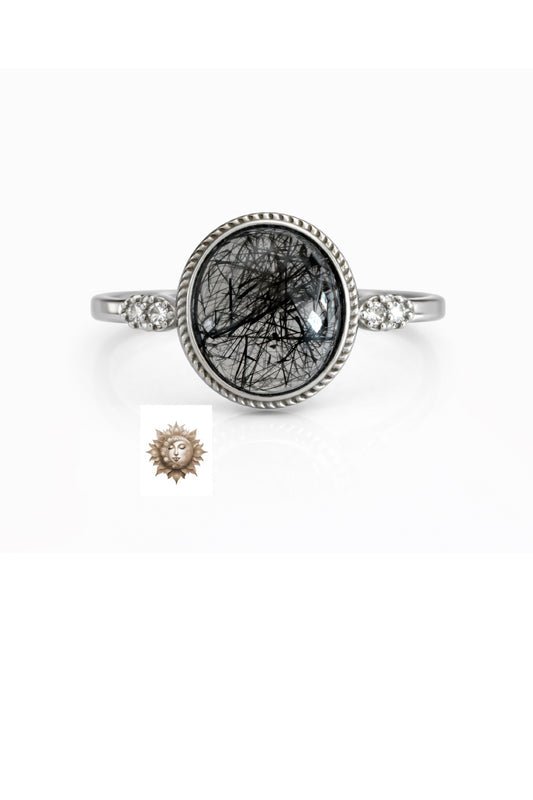 Black Tourmaline in Quartz and Zircon Adjustable 925 Sterling Silver Ring