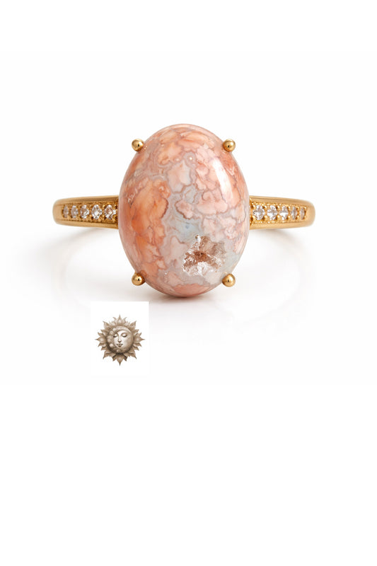 Statement Pink Agate with Chalcedony Zircon and Druzy UV Reactive 18 Carat Plated 925 Sterling Silver Ring