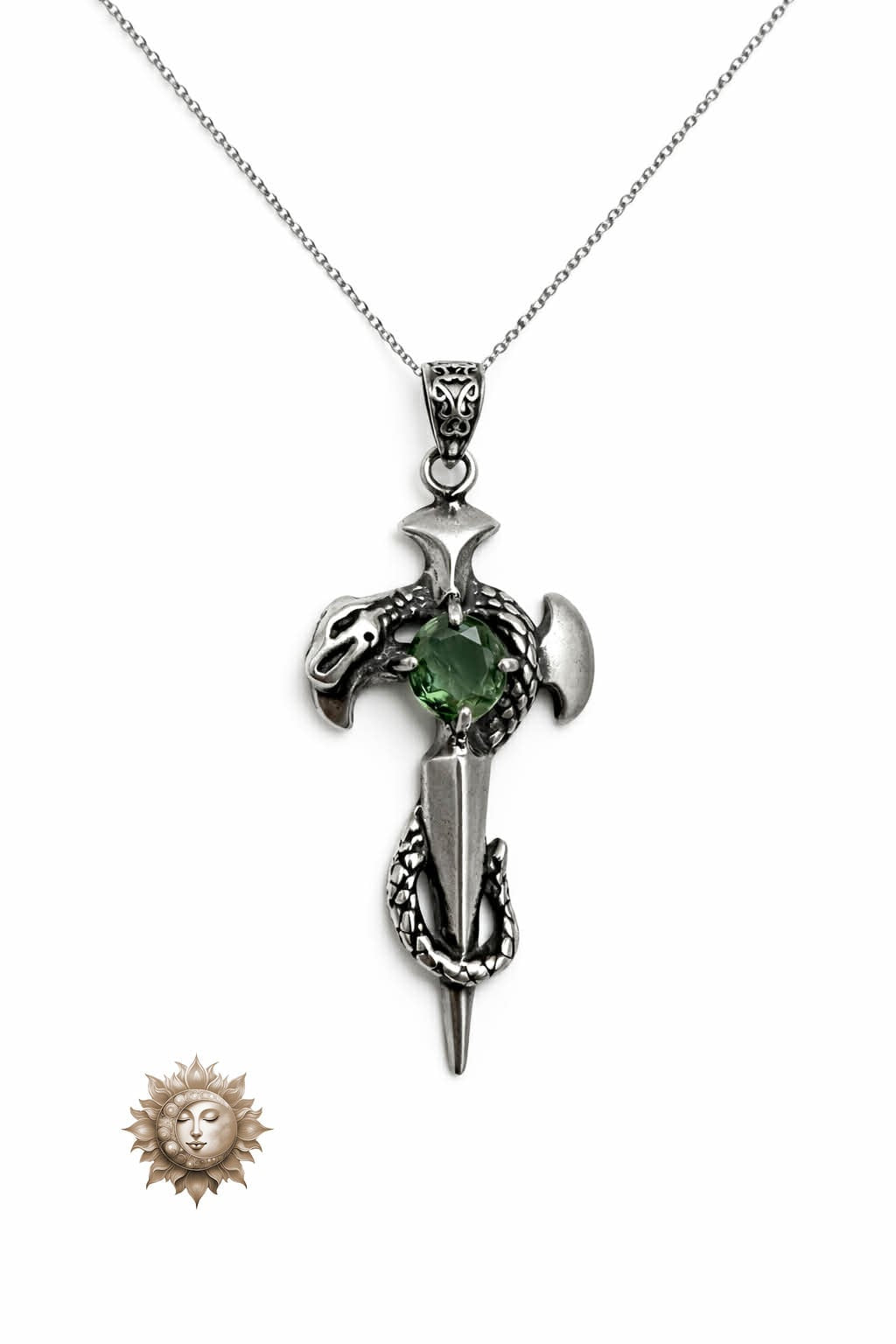 Moldavite Dagger Pendant and Chain