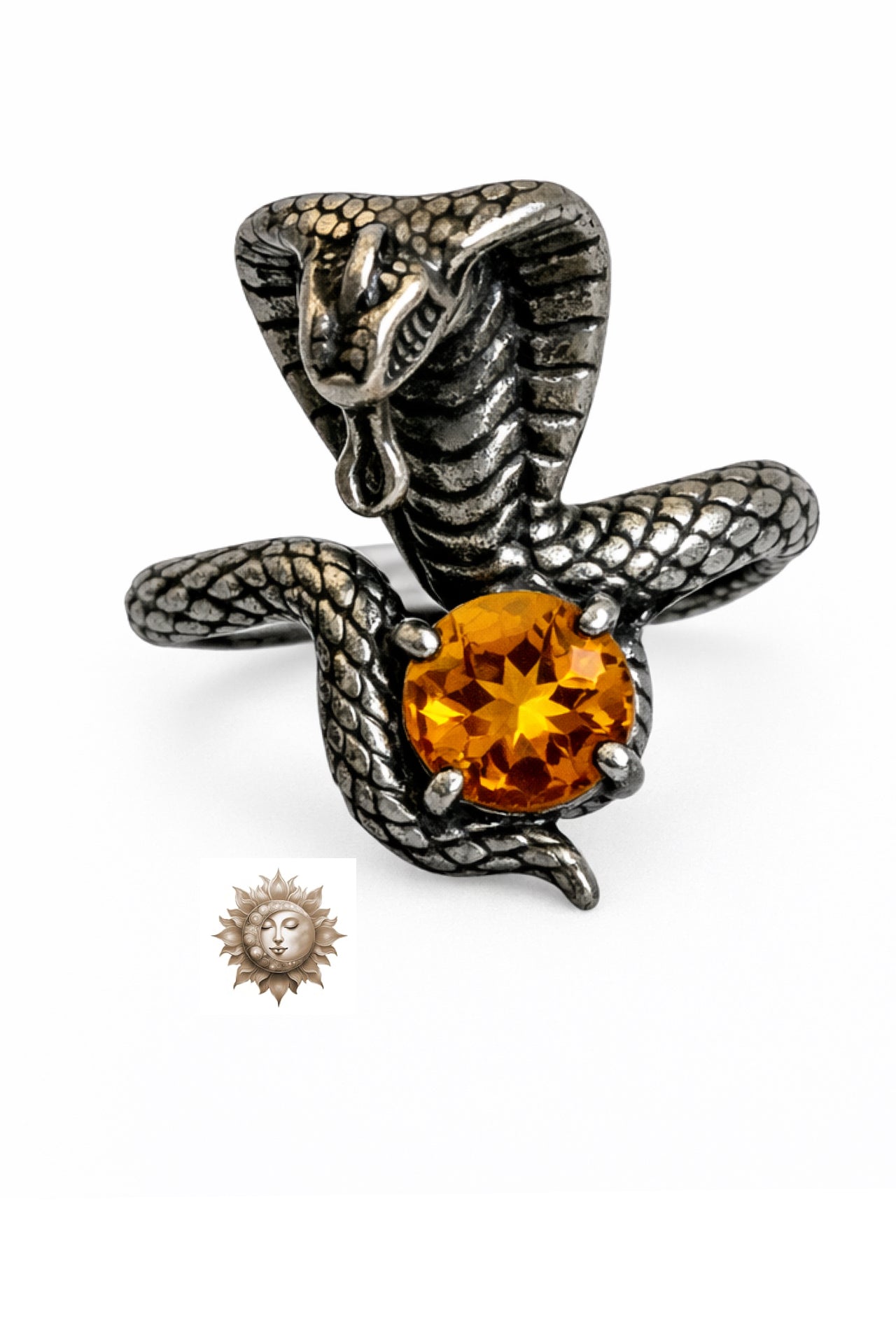 Intricate Citrine Cobra 925 Sterling Silver Adjustable Ring