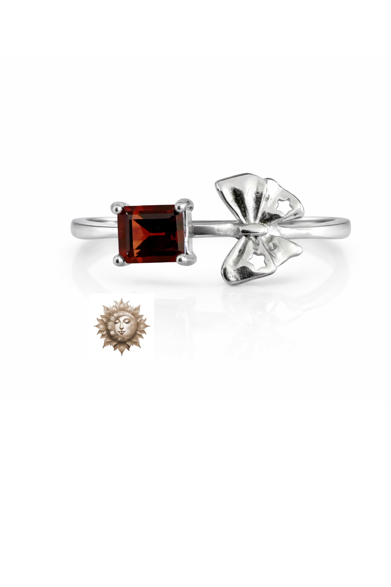 Garnet Bow Detail Adjustable 925 Sterling Silver Ring