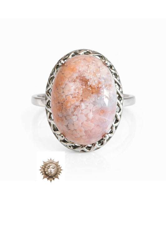 Statement Pink Agate with Chalcedony UV Reactive Adjustable 925 Sterling Silver Ring