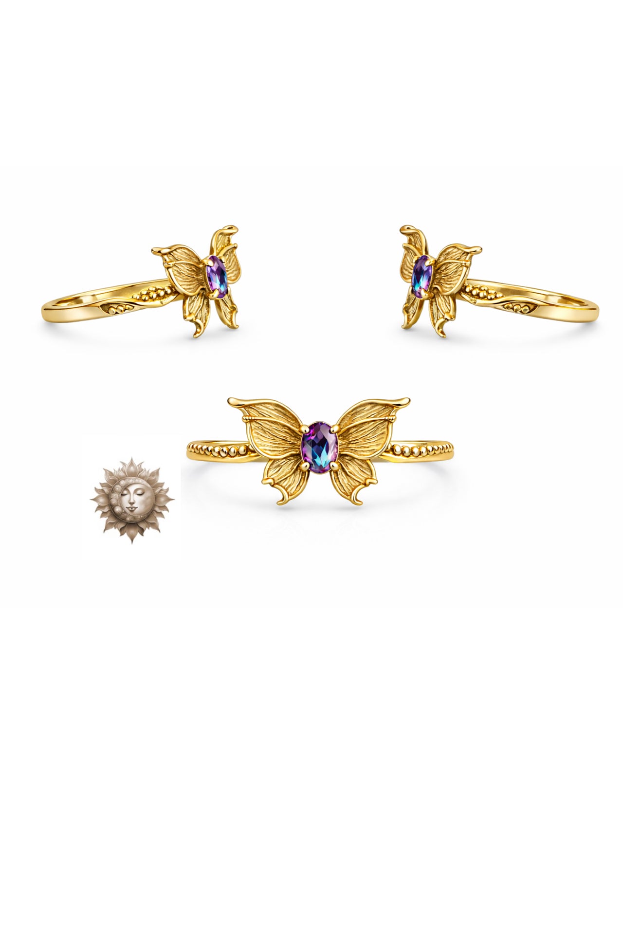 Alexandrite Butterfly Adjustable 18 Carat Gold Plated 925 Sterling Silver Ring