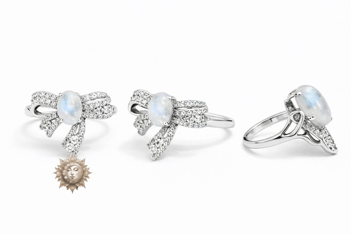 Moonstone, Moissanite and Zircon Bow Ring 925 Sterling Silver Adjustable