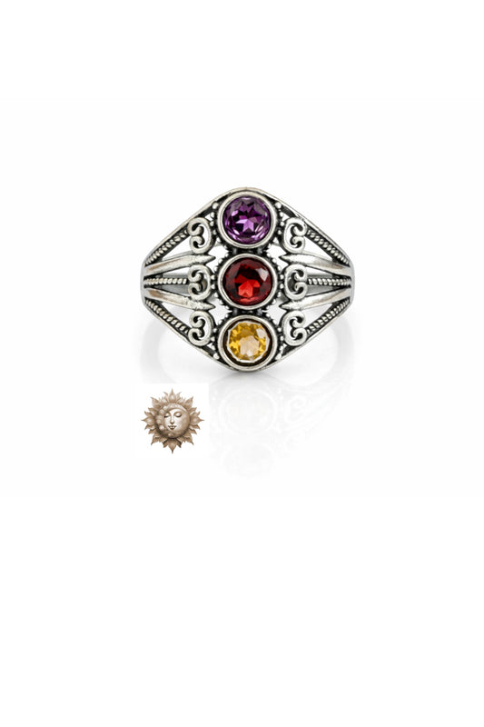 Statement Amethyst Garnet Citrine Adjustable 925 Sterling Silver Ring