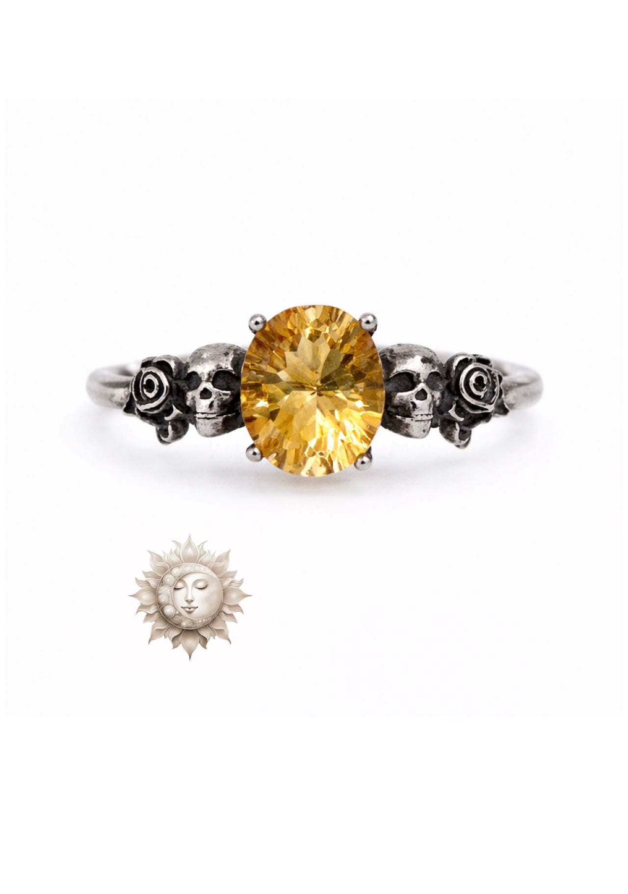 Citrine Skulls and Roses Vintage Inspired 925 Sterling Silver Adjustable Ring