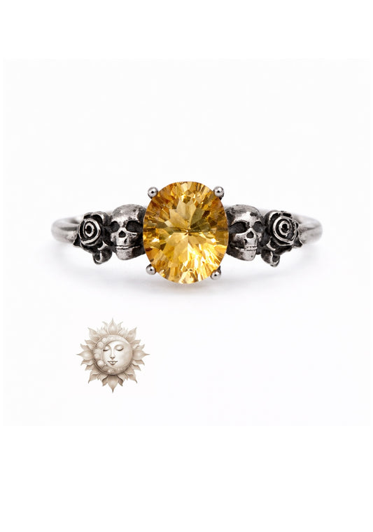 Citrine Skulls and Roses Vintage Inspired 925 Sterling Silver Adjustable Ring