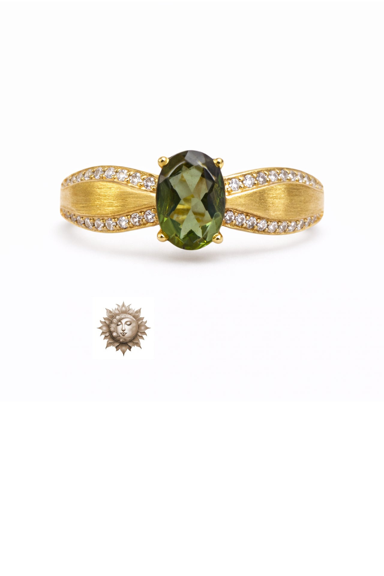 Moldavite and Zircon Brushed 18 Carat Gold Plated 925 Sterling Silver Ring Adjustable