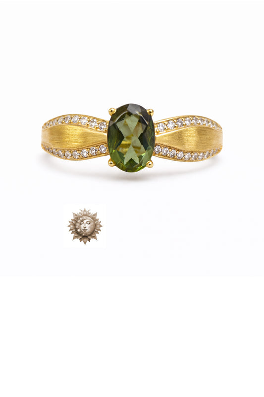 Moldavite and Zircon Brushed 18 Carat Gold Plated 925 Sterling Silver Ring Adjustable