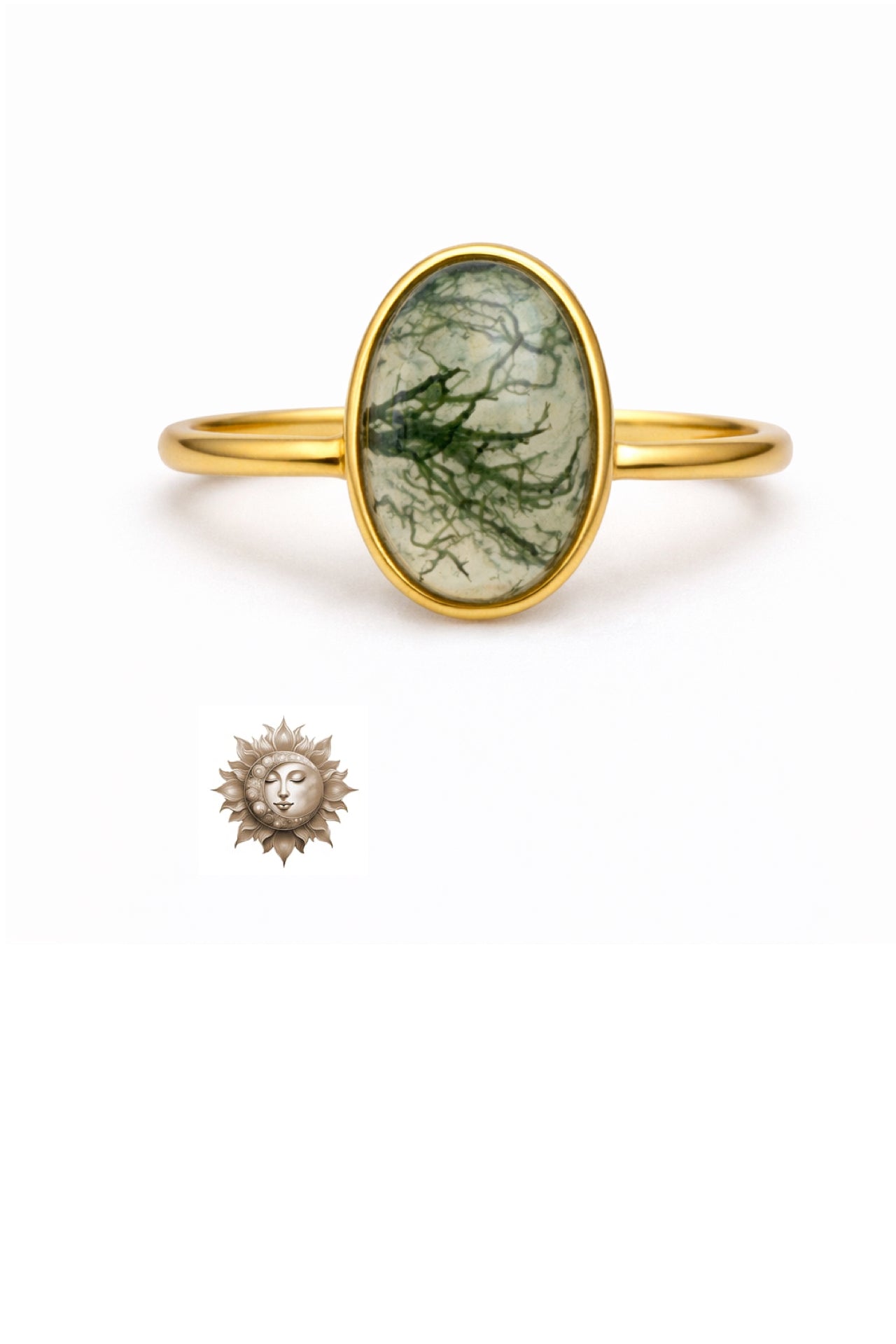 Moss Agate Oval 18 Carat Gold Plated 925 Sterling Silver Adjustable Ring