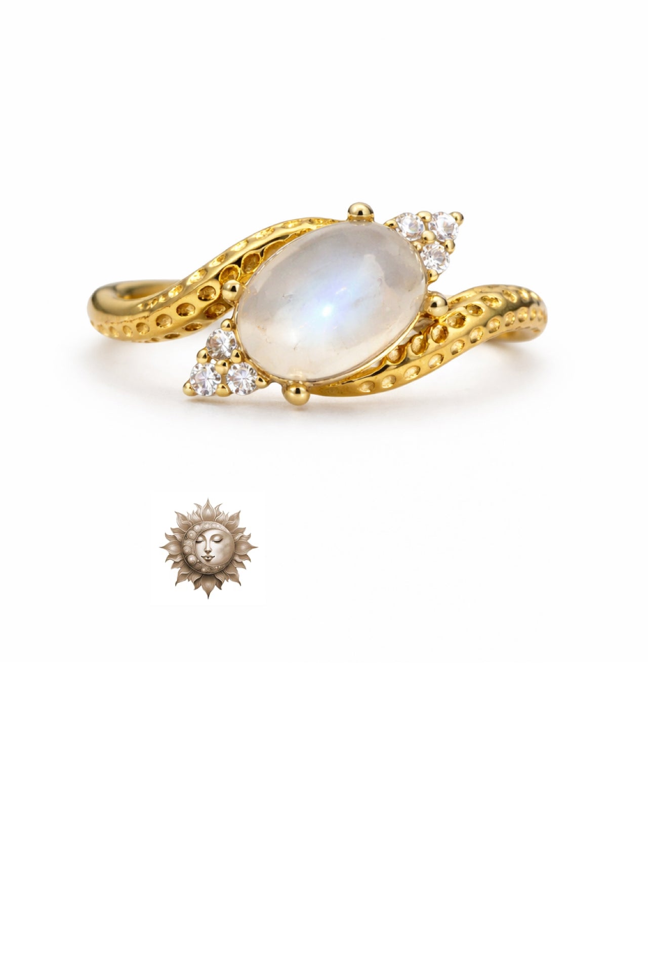 Moonstone and Zircon 18 Carat Gold Plated 925 Sterling Silver Adjustable Ring